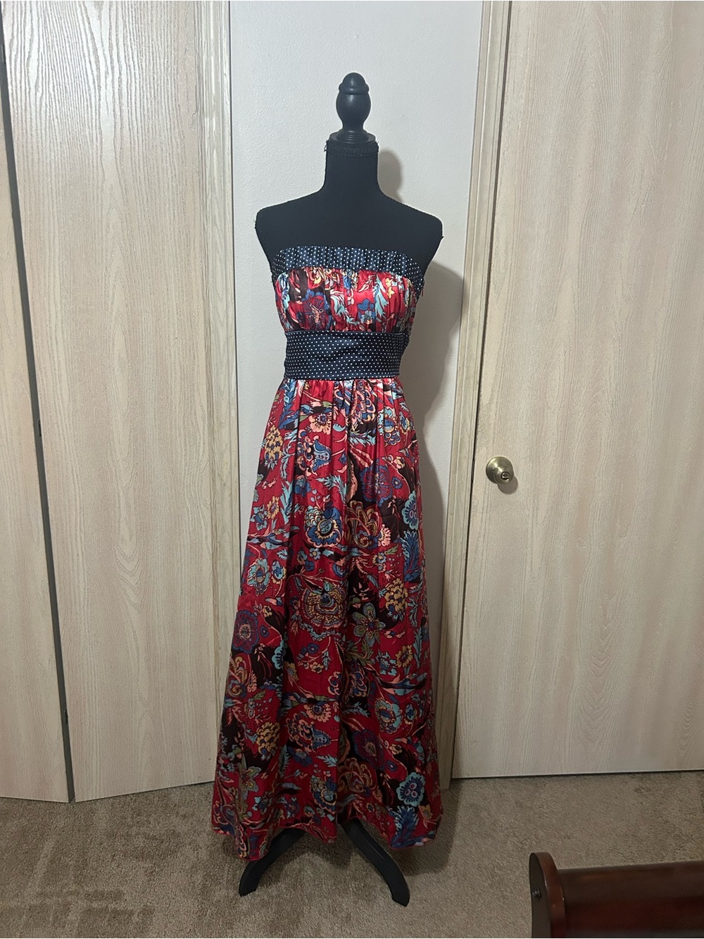 Forever 21 Red Floral Strapless Maxi Dress with Navy Waistband